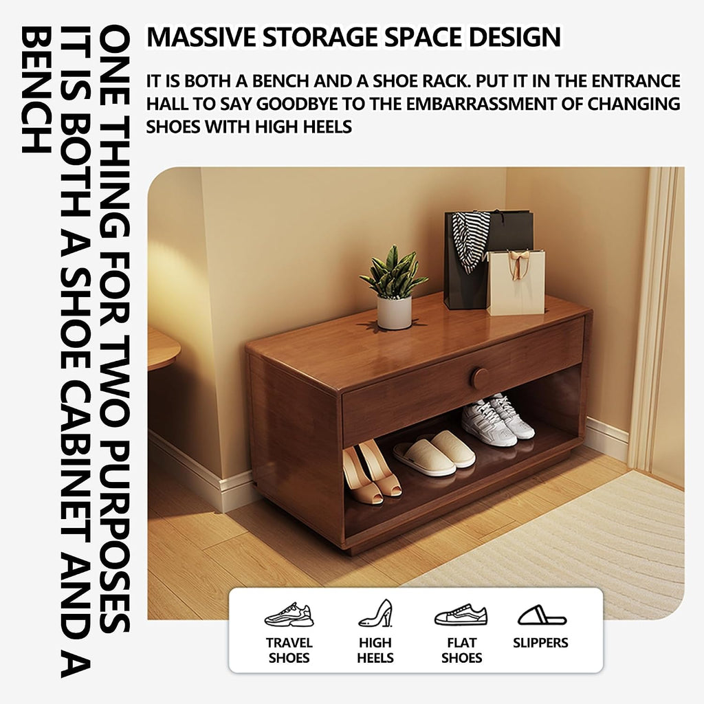 Walnut Wooden Storage Entryway Shoe Bench
