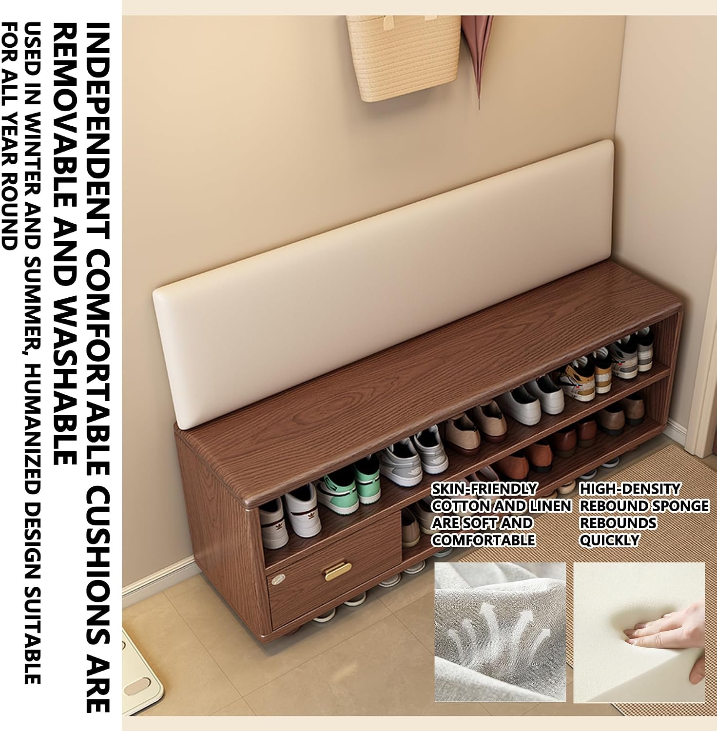 Walnut Wooden Drawer Entryway Shoe Storage Bench