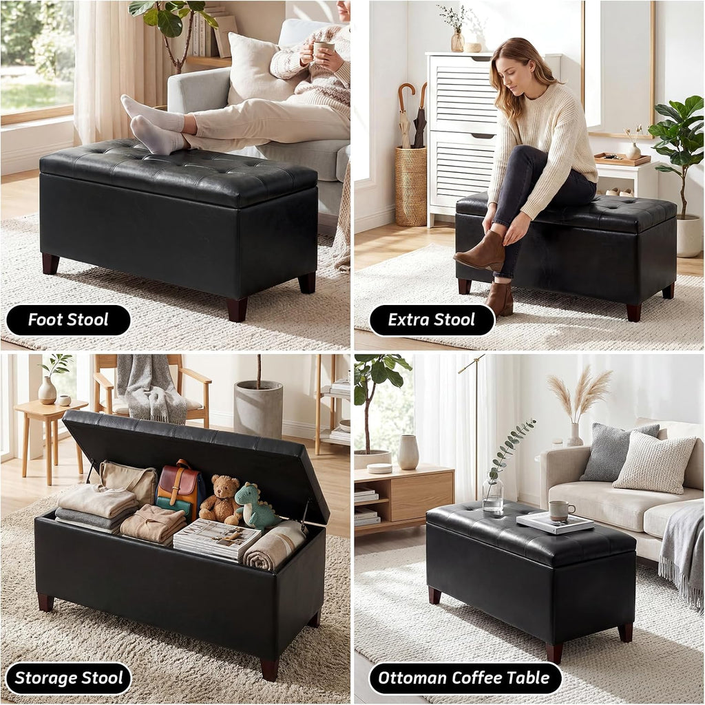Black Faux Leather Tufted Storage Ottoman Bench