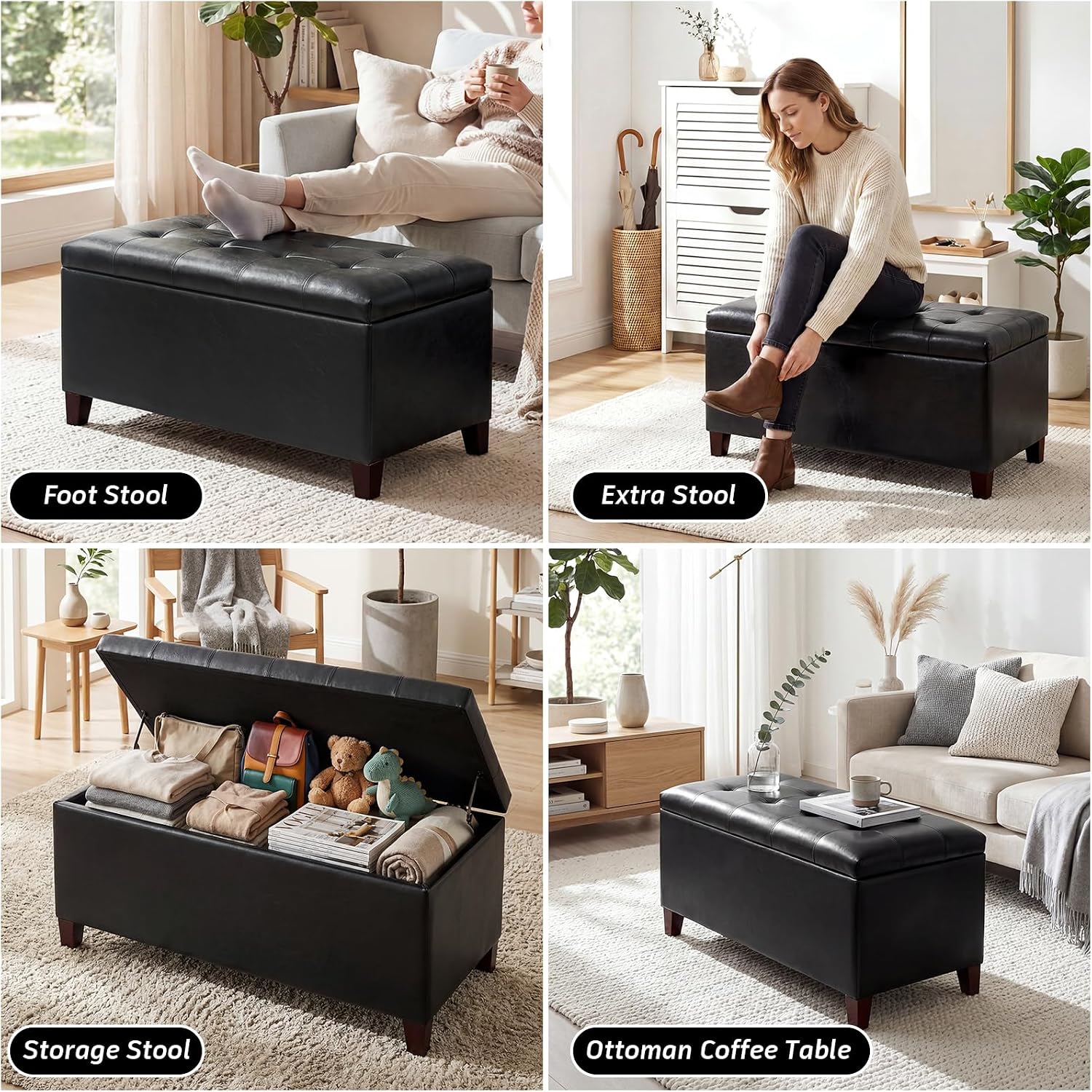Black Faux Leather Tufted Storage Ottoman Bench
