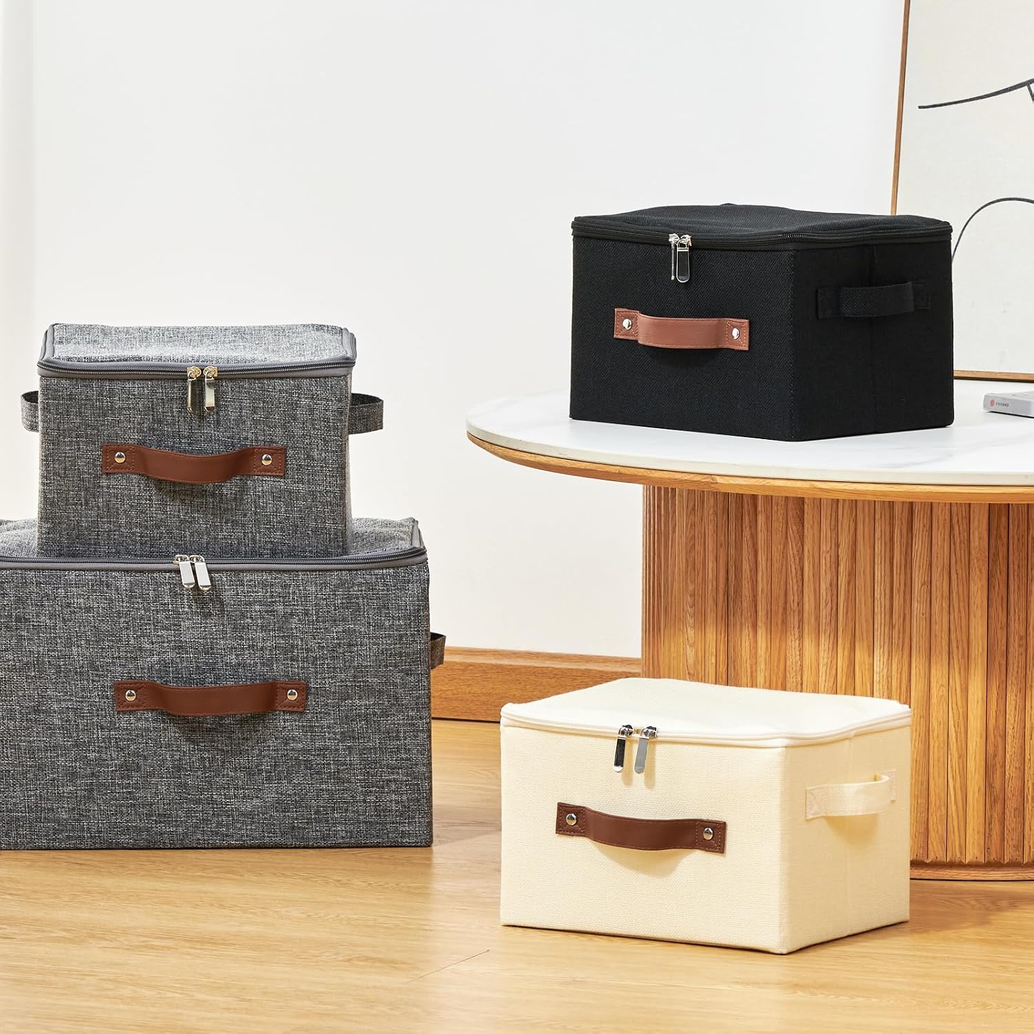 Gray Linen Leather Handled Storage Bins