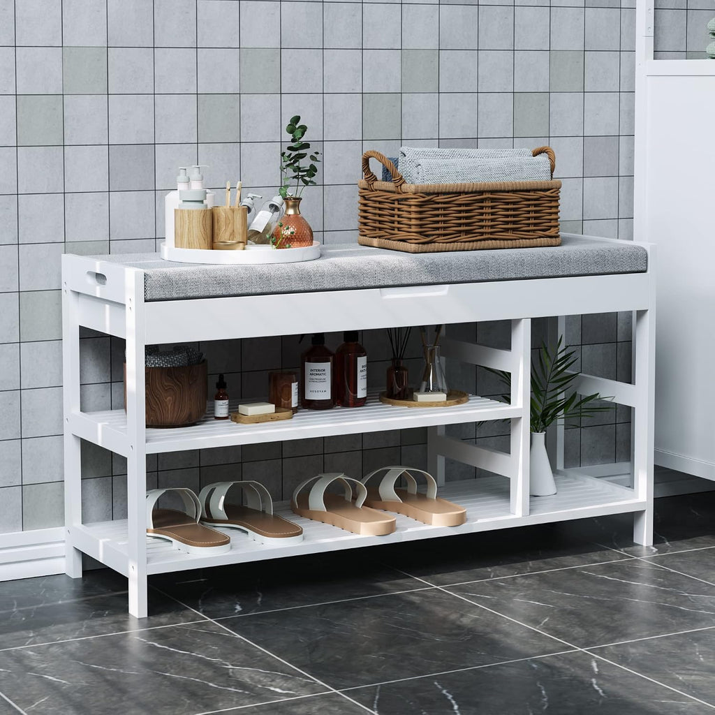 White Bamboo Flip Top Shoe Storage Bench