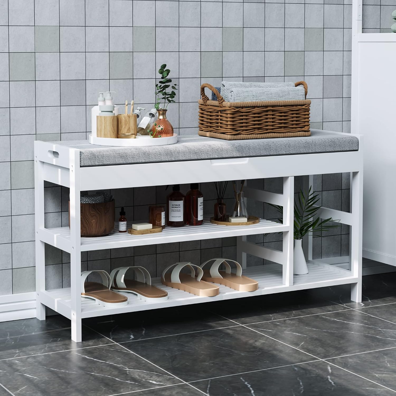 White Bamboo Flip Top Shoe Storage Bench