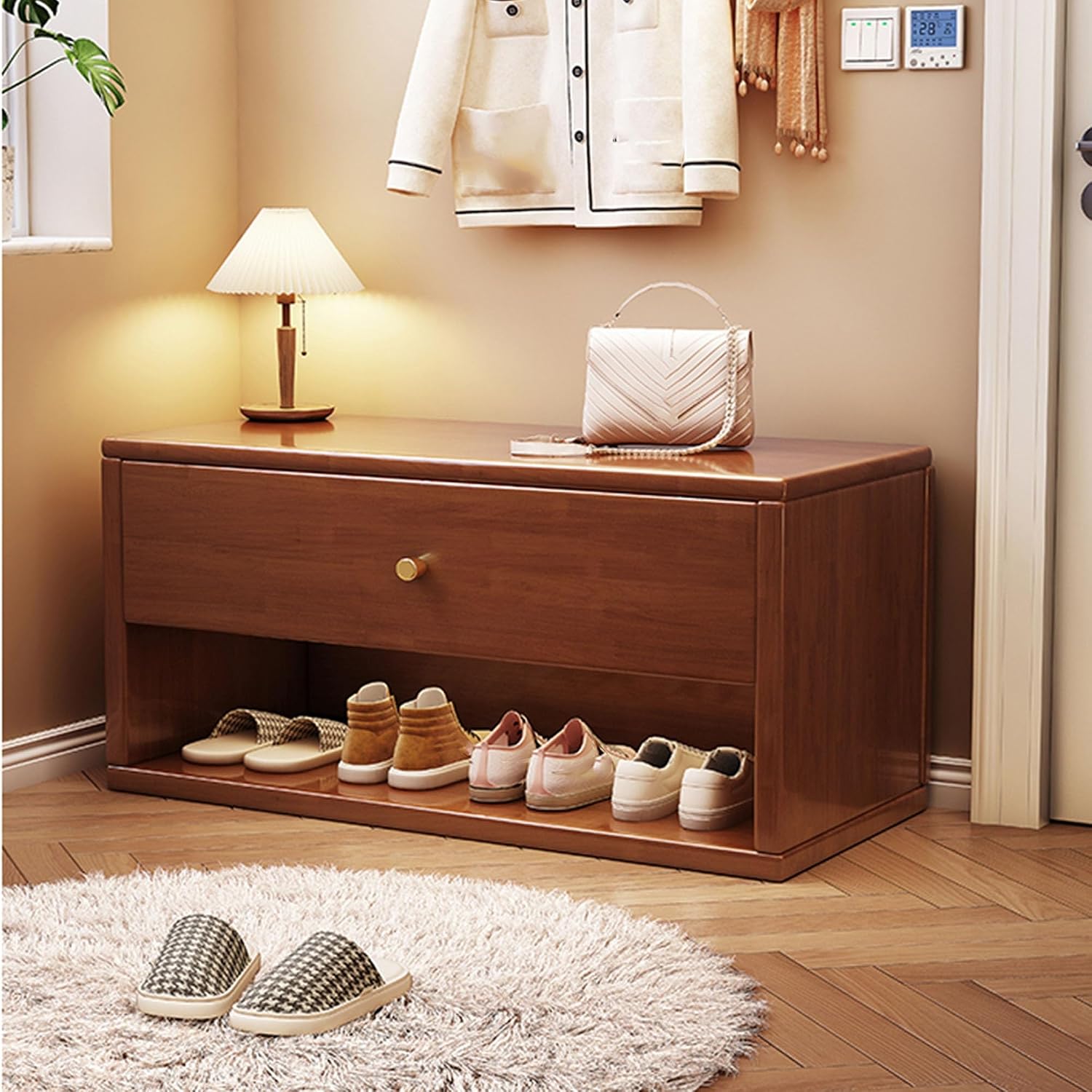 Walnut Drawer Entryway Shoe Storage Bench