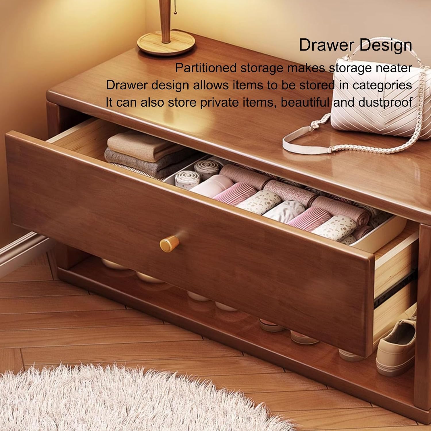Walnut Drawer Entryway Shoe Storage Bench