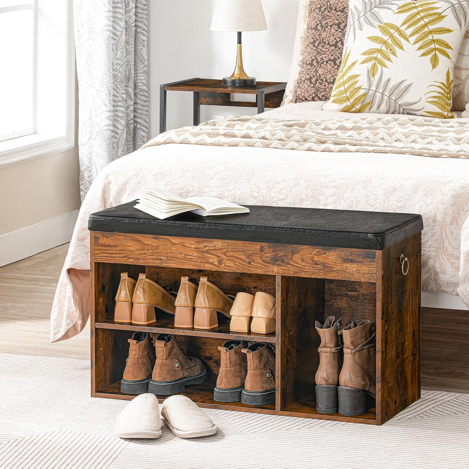 Rustic Brown Lift Top Shoe Storage Bench