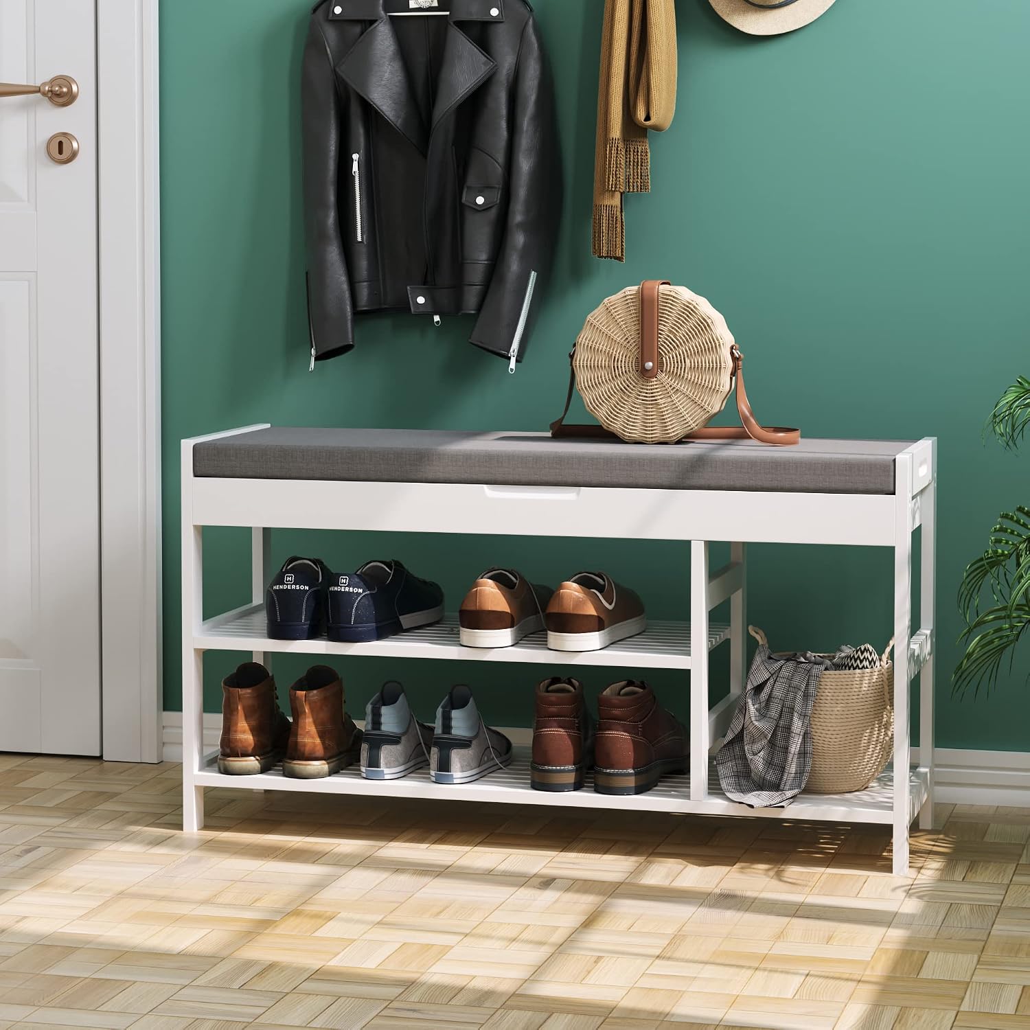 White Bamboo Flip Top Shoe Storage Bench