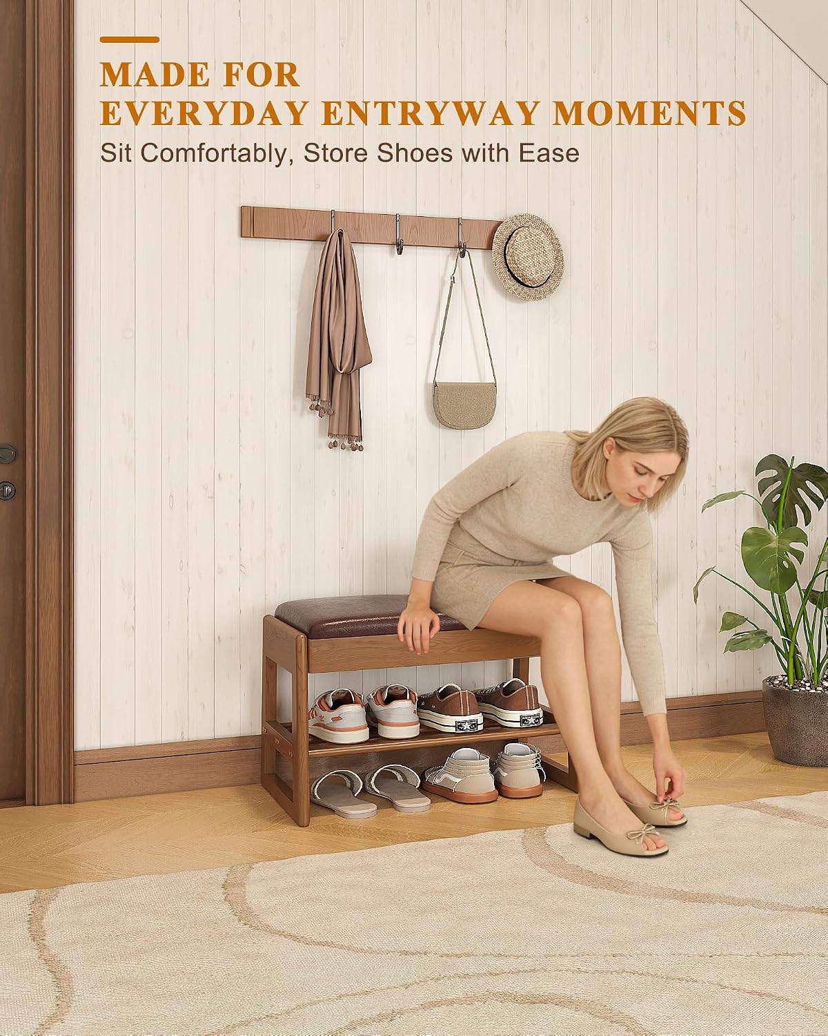 Rubberwood Cushioned Flip Top Shoe Bench