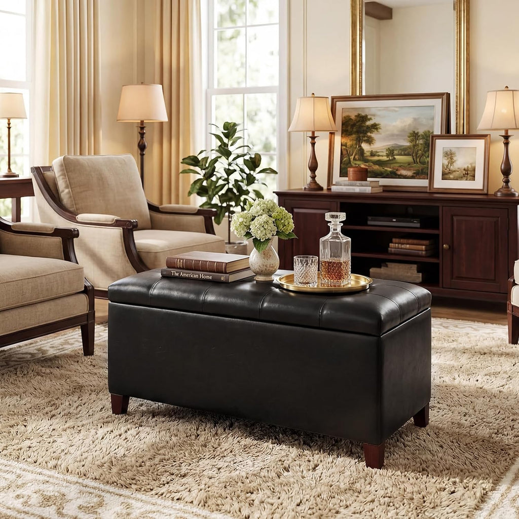 Black Faux Leather Tufted Storage Ottoman Bench