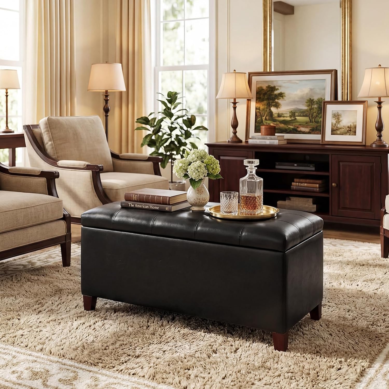 Black Faux Leather Tufted Storage Ottoman Bench