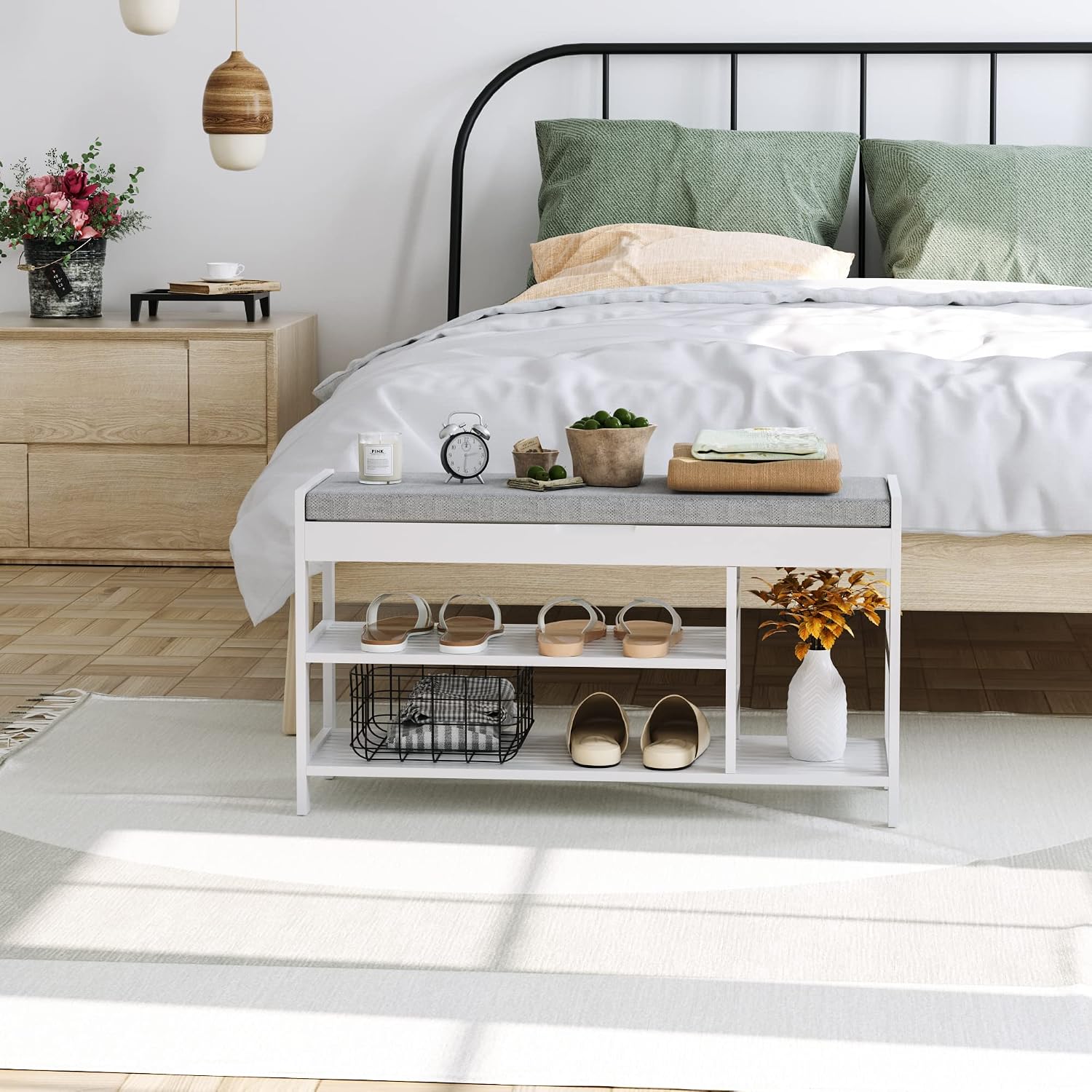 White Bamboo Flip Top Shoe Storage Bench