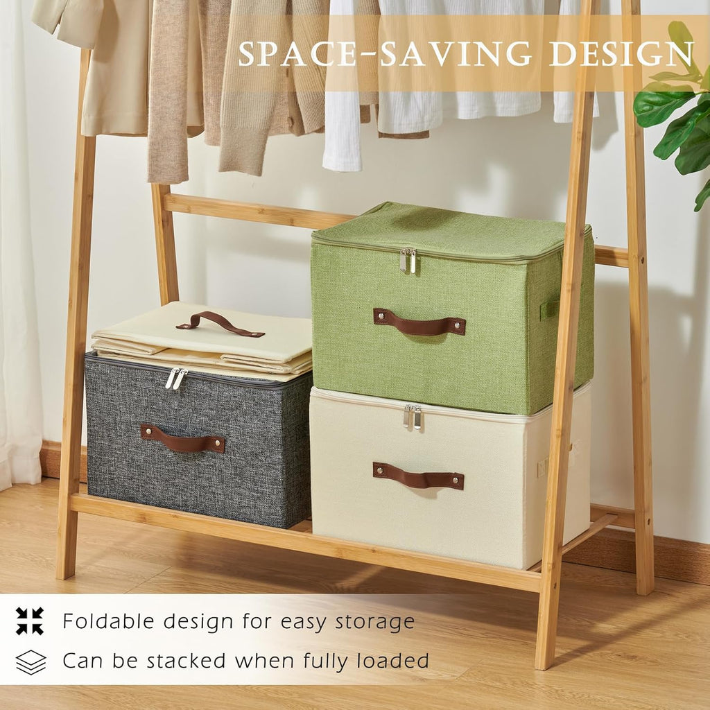 Gray Linen Leather Handled Storage Bins