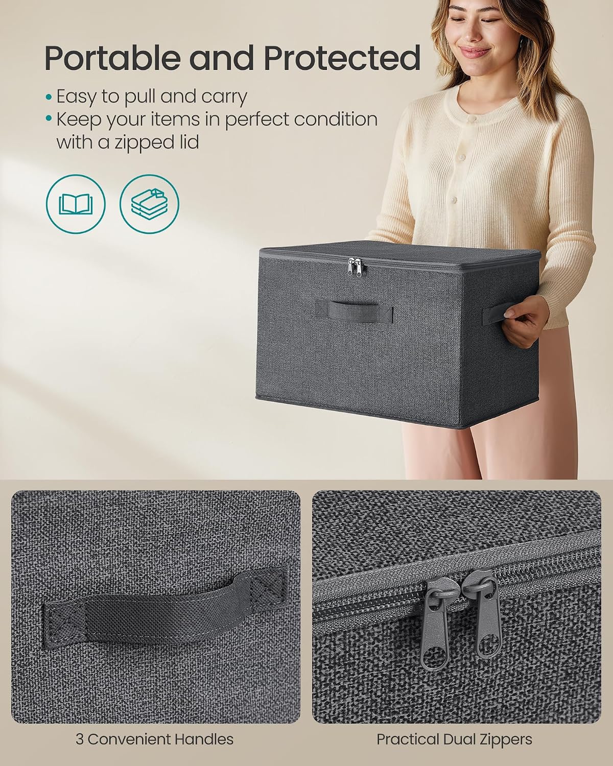 Slate Gray Zipper Fabric Foldable Storage Bins