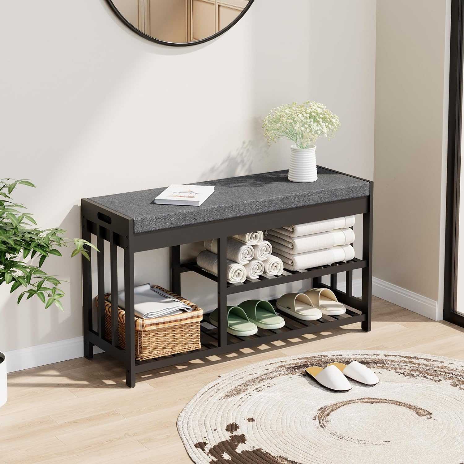 Bamboo Cushioned Flip Top Shoe Storage Bench