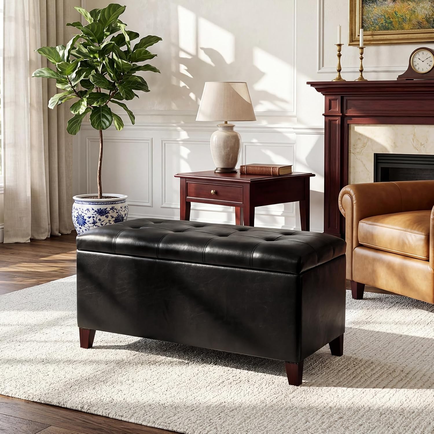 Black Faux Leather Tufted Storage Ottoman Bench