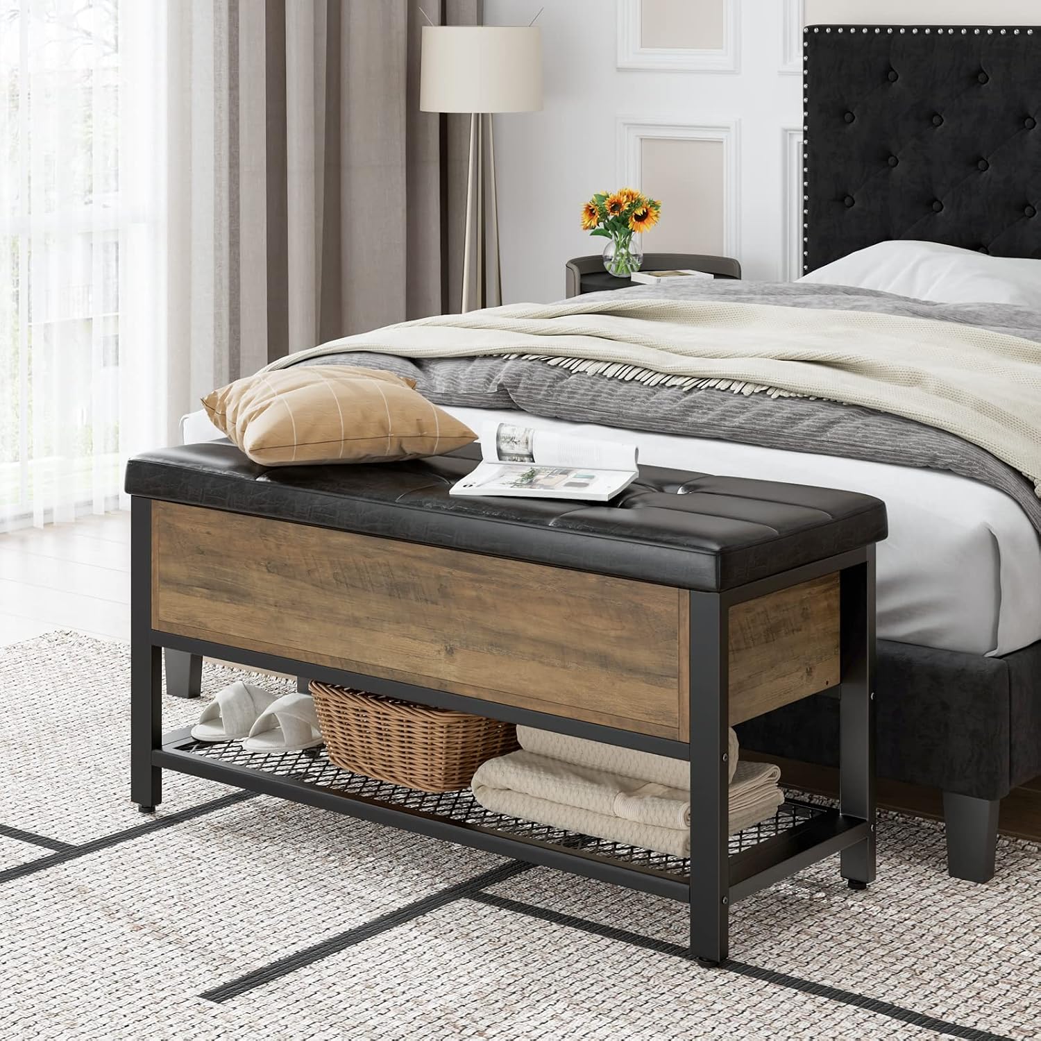 Rustic Brown Flip Top Cushioned Shoe Bench