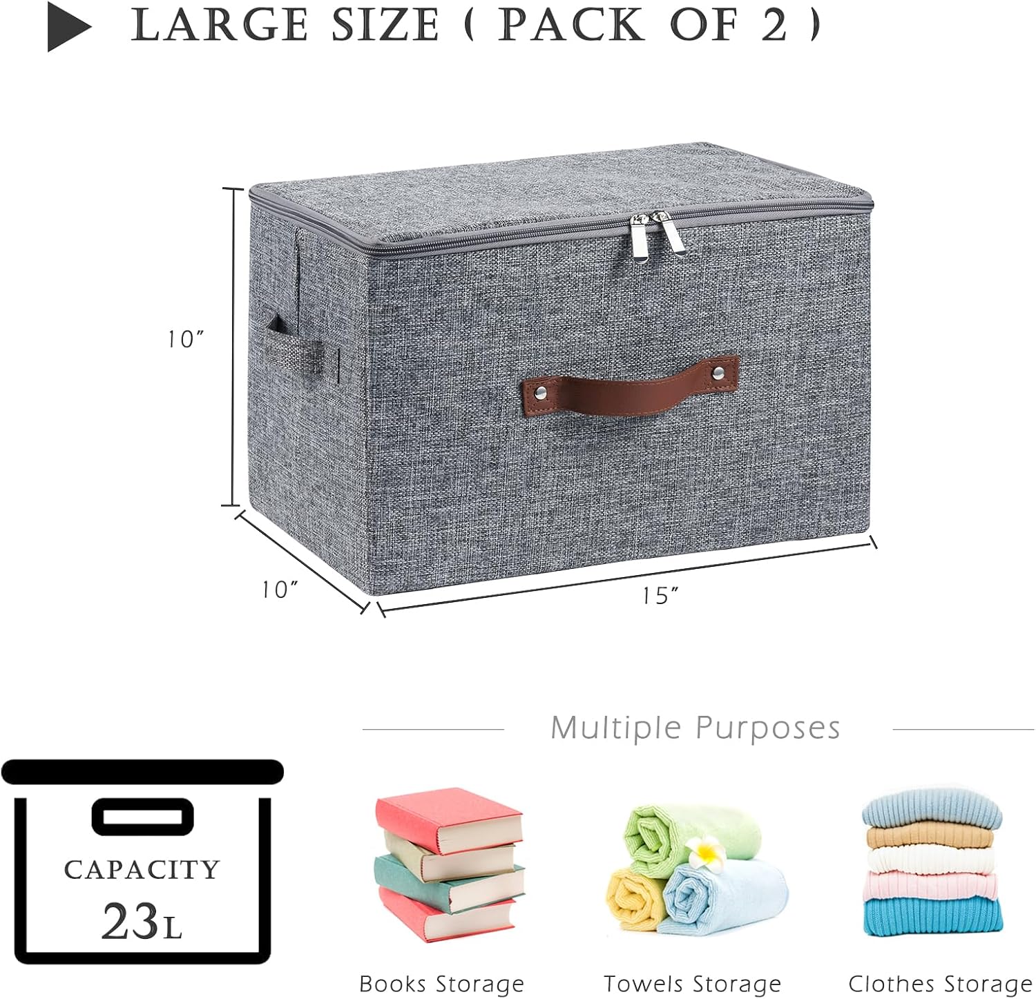 Gray Linen Leather Handled Storage Bins