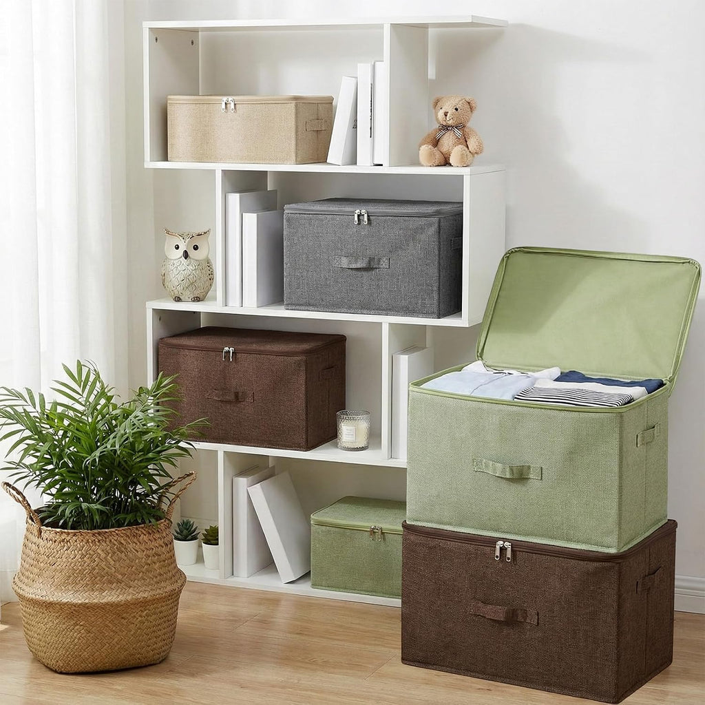 Green Linen Framed Zipper Fabric Storage Bins