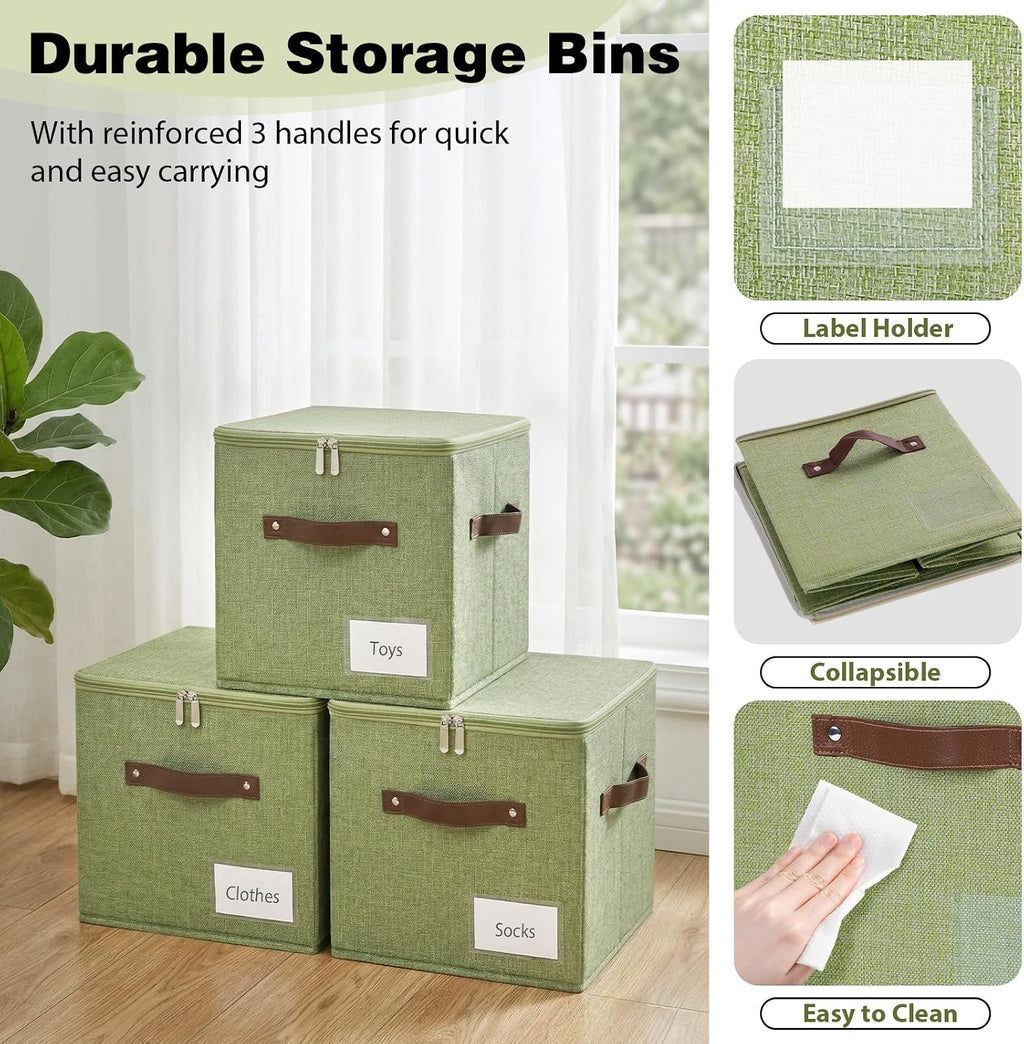 Green Linen Zipper Lidded Storage Cubes