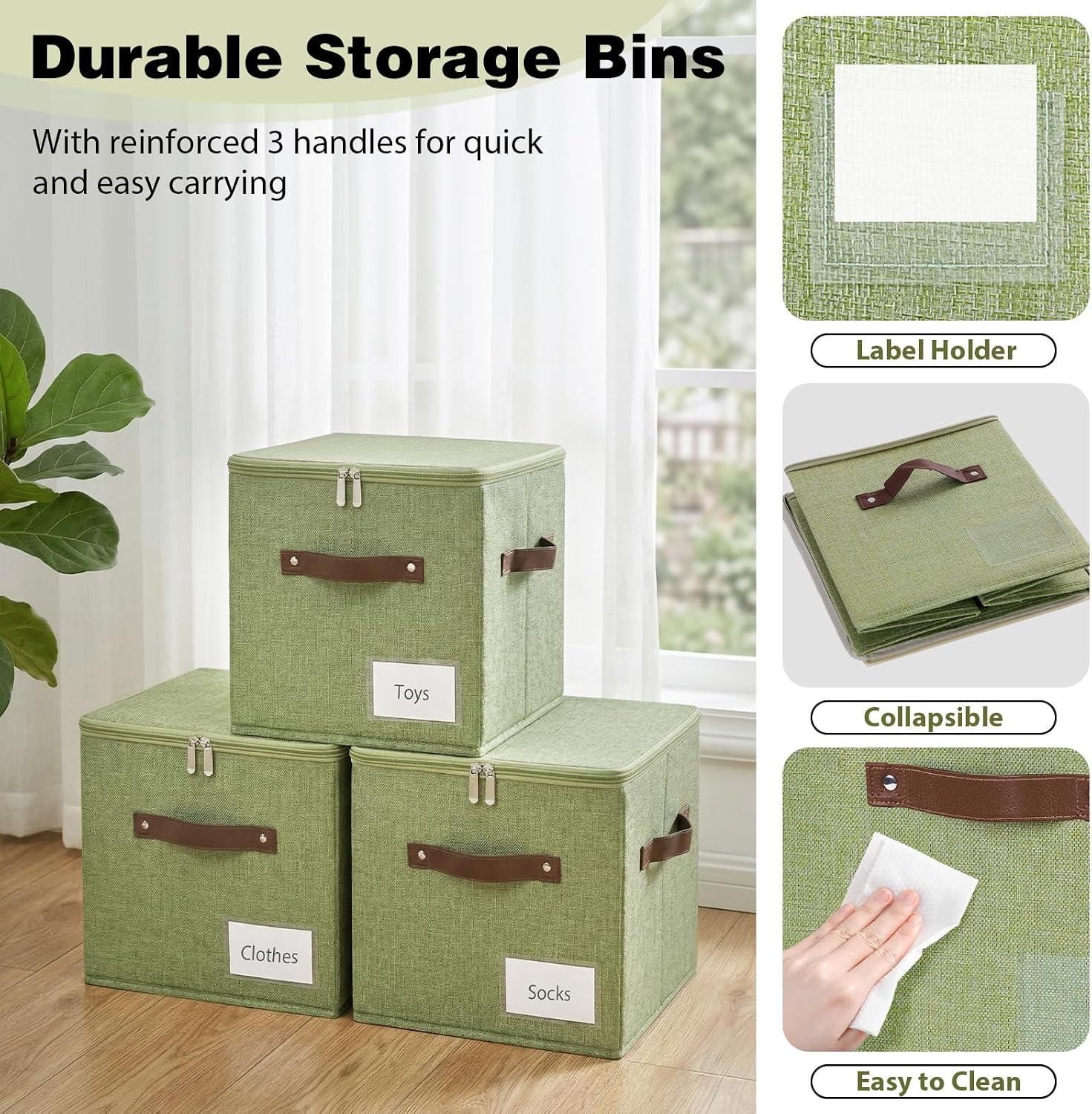 Green Linen Zipper Lidded Storage Cubes