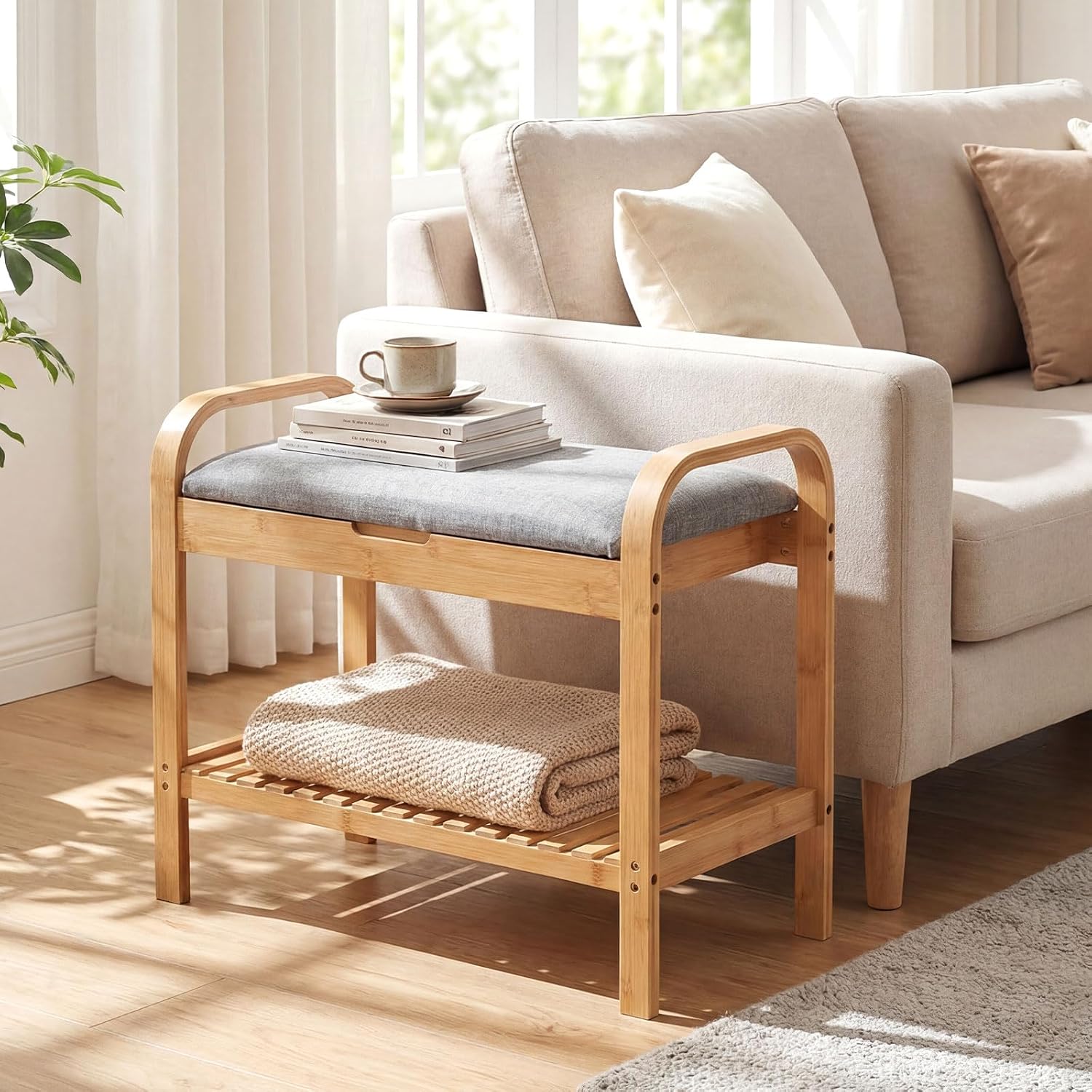 Natural Bamboo Flip Top Cushioned Shoe Bench