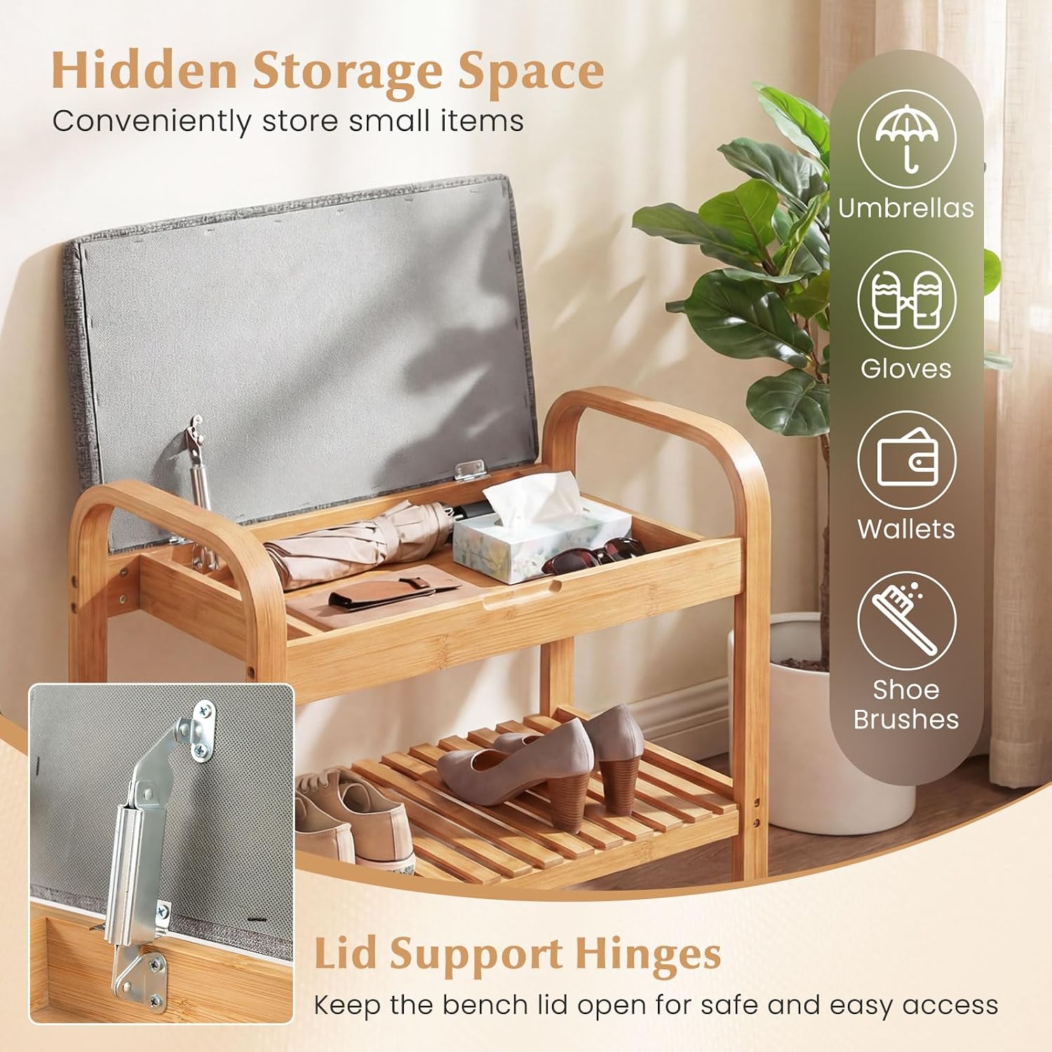 Natural Bamboo Flip Top Cushioned Shoe Bench