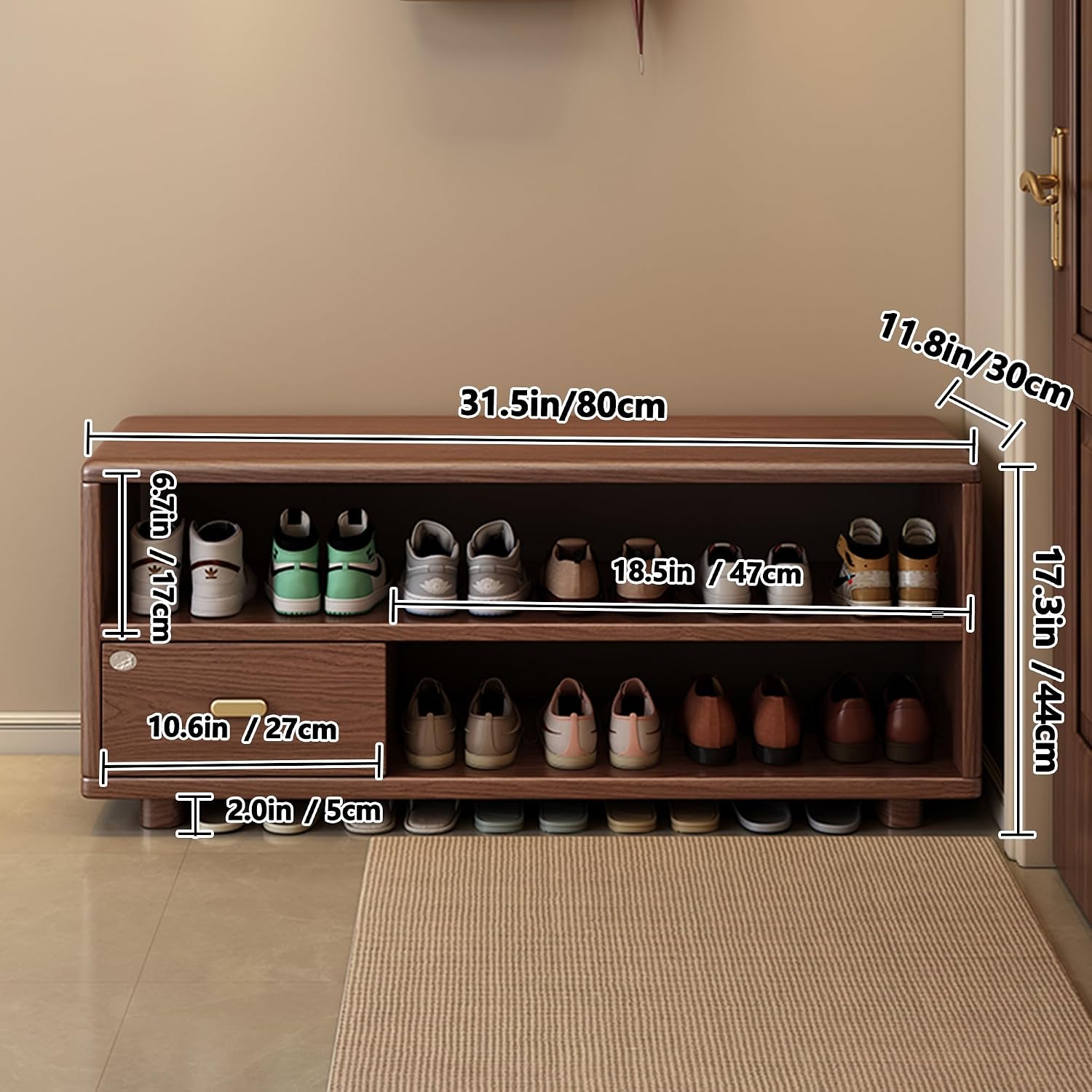 Walnut Wooden Drawer Entryway Shoe Storage Bench