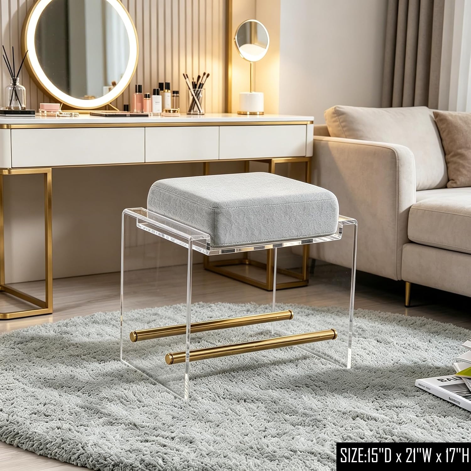 Lucite Acrylic Cushioned Vanity Ottoman Stool