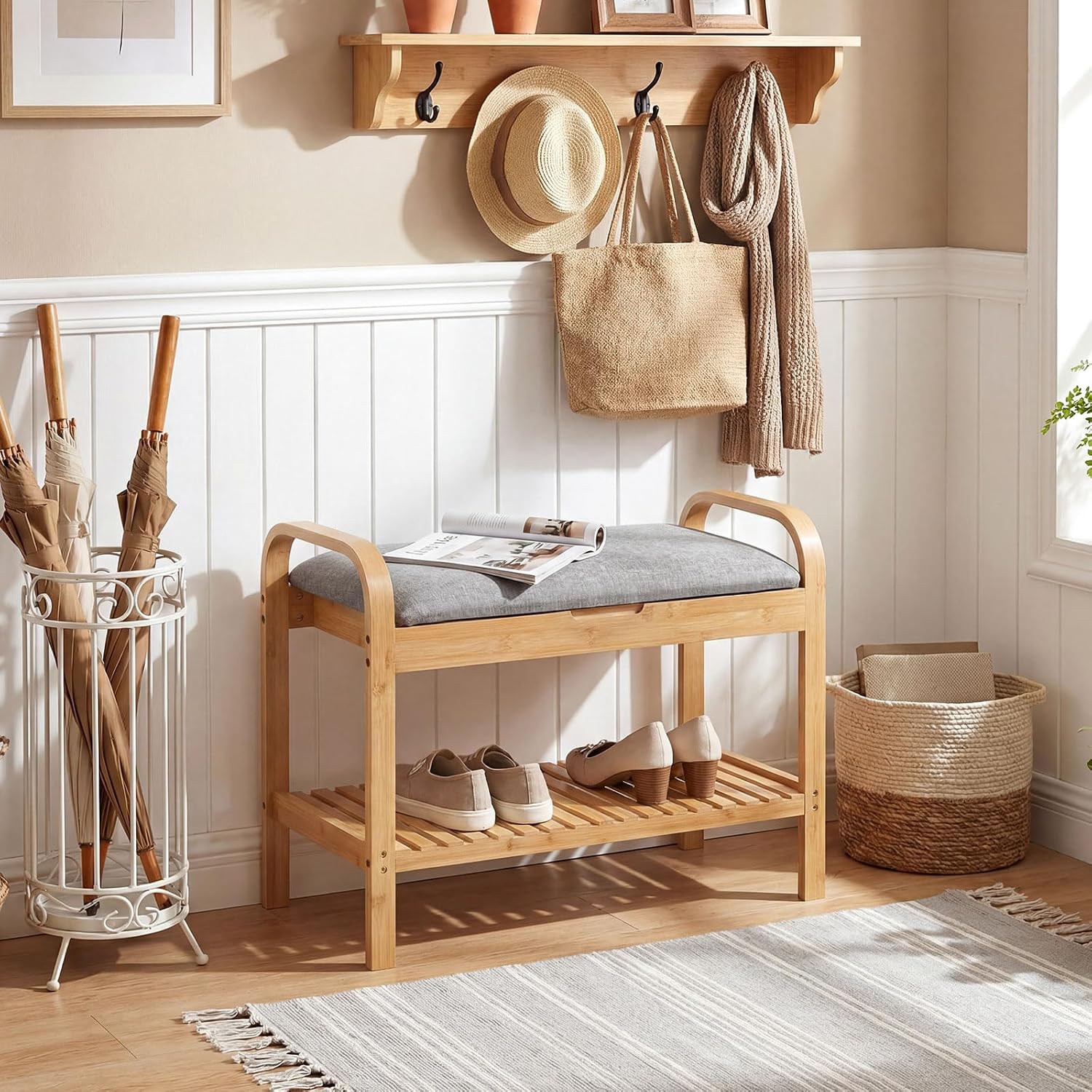 Natural Bamboo Flip Top Cushioned Shoe Bench