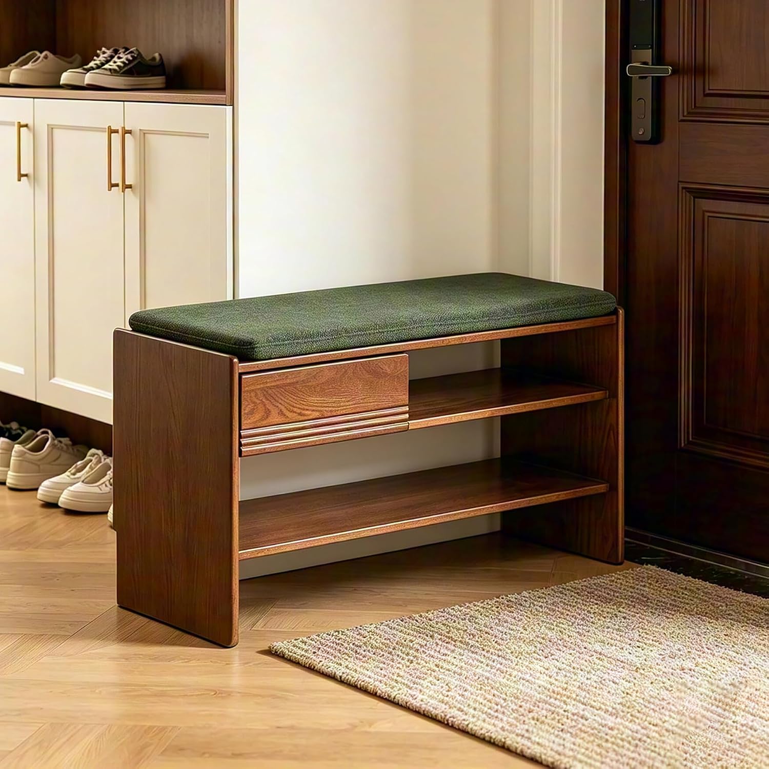 Green Wooden Tiered Cushioned Shoe Storage Bench