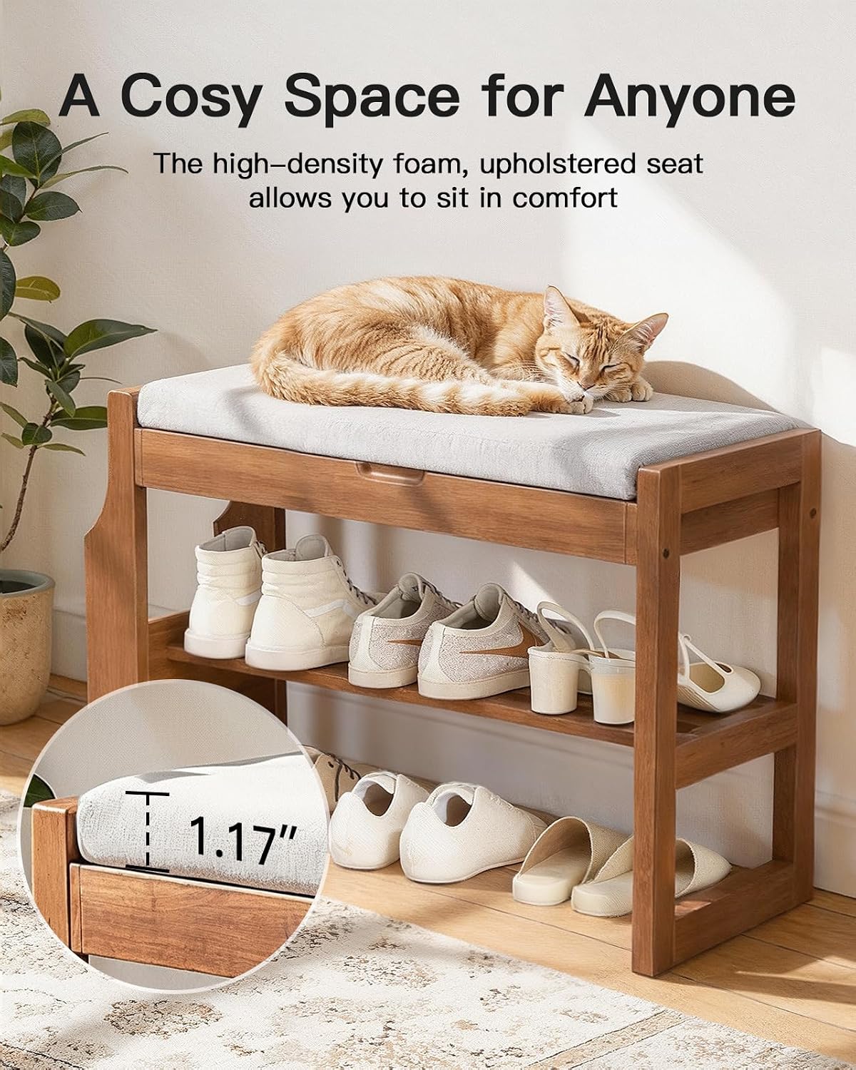 Pine Wood Cushioned Entryway Shoe Bench