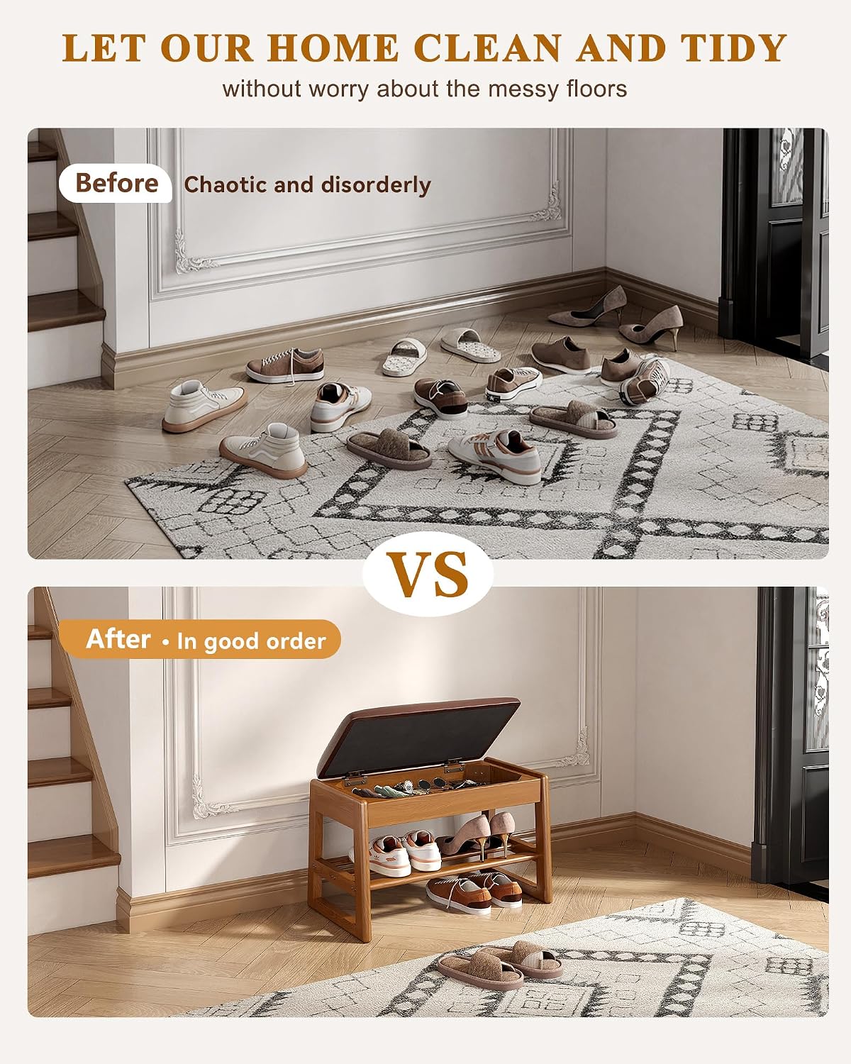 Rubberwood Cushioned Flip Top Shoe Bench