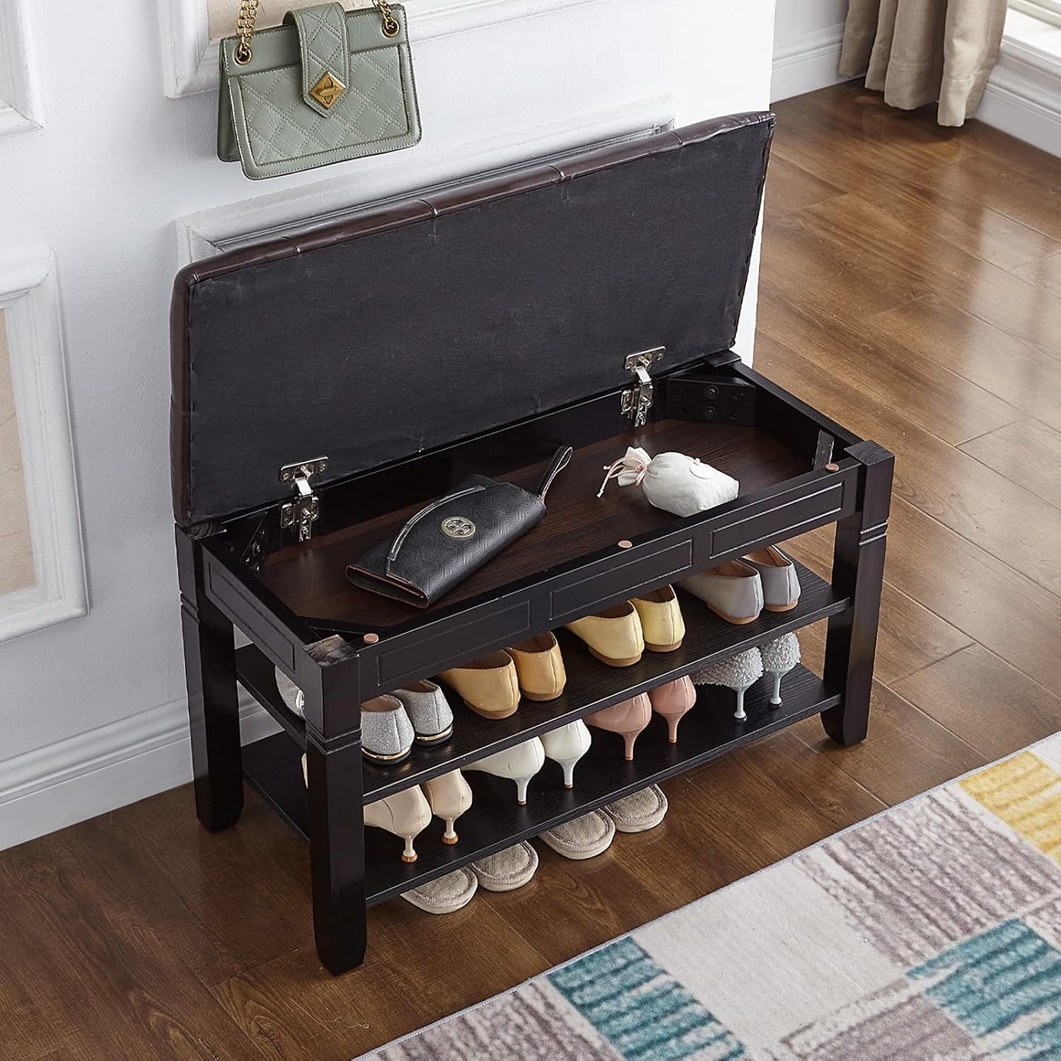Cushioned Wooden Entryway Shoe Storage Bench