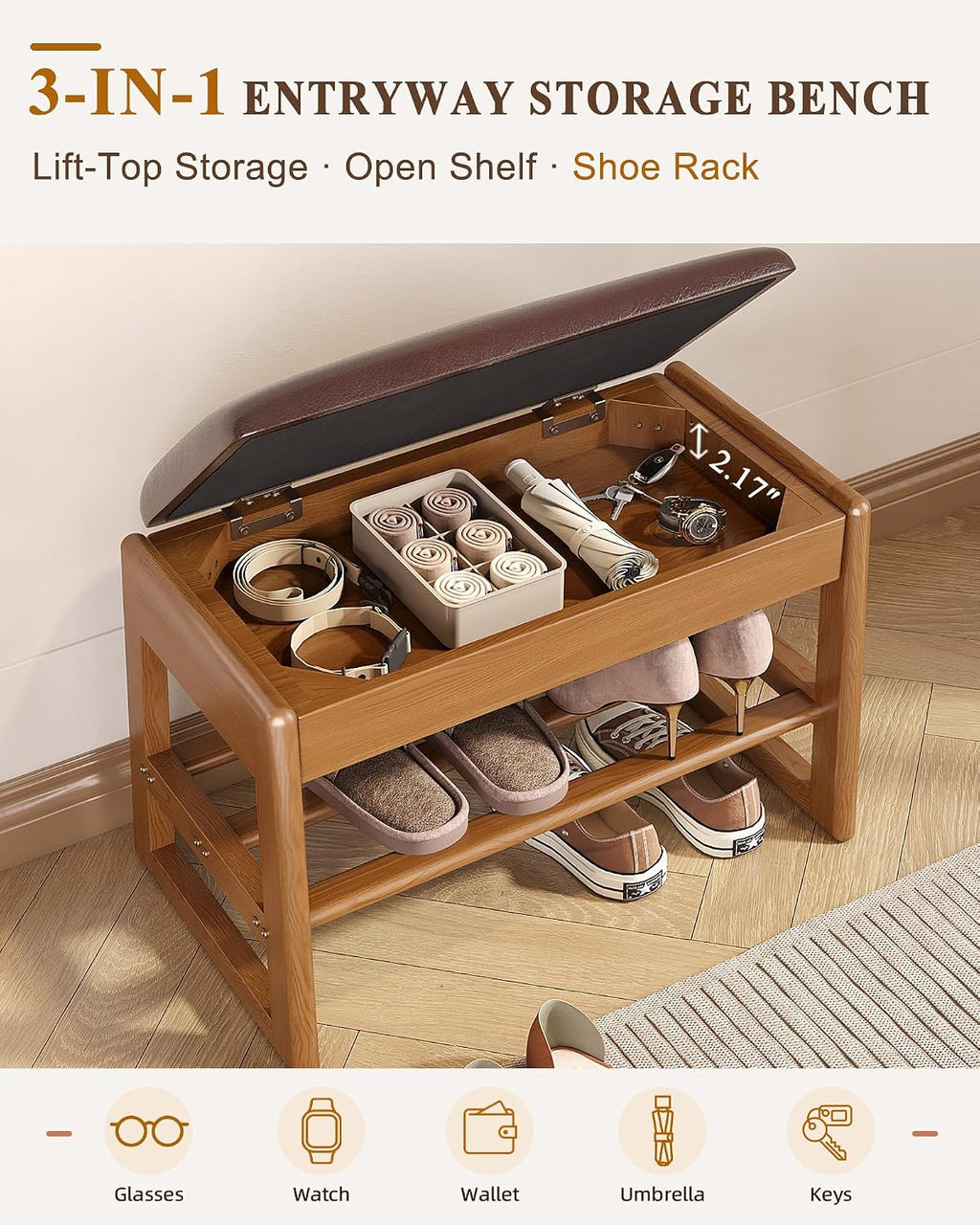 Rubberwood Cushioned Flip Top Shoe Bench