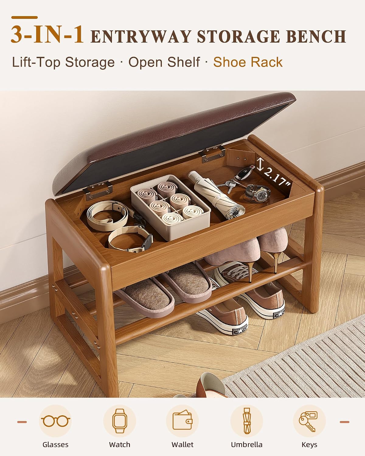 Rubberwood Cushioned Flip Top Shoe Bench