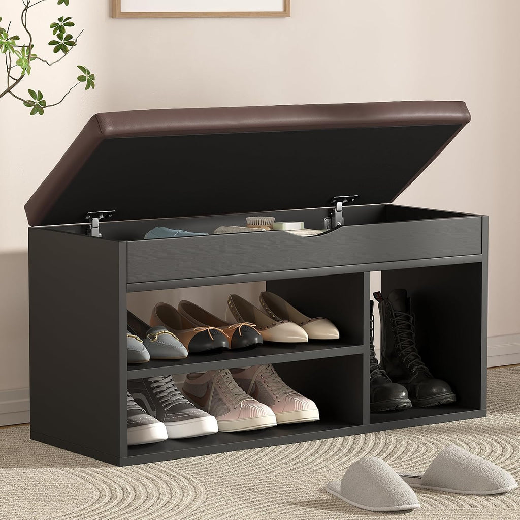 Wooden Cushioned 2 Tier Shoe Storage Bench