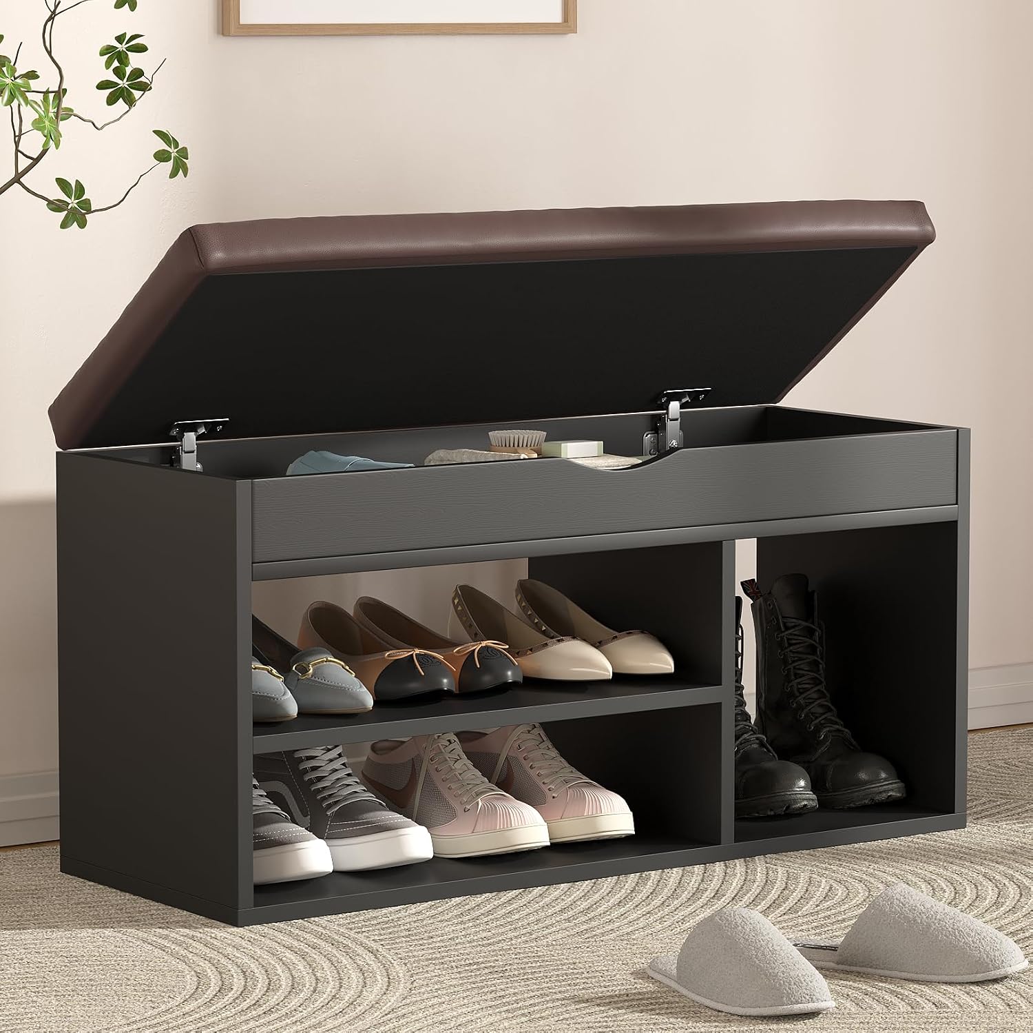 Wooden Cushioned 2 Tier Shoe Storage Bench