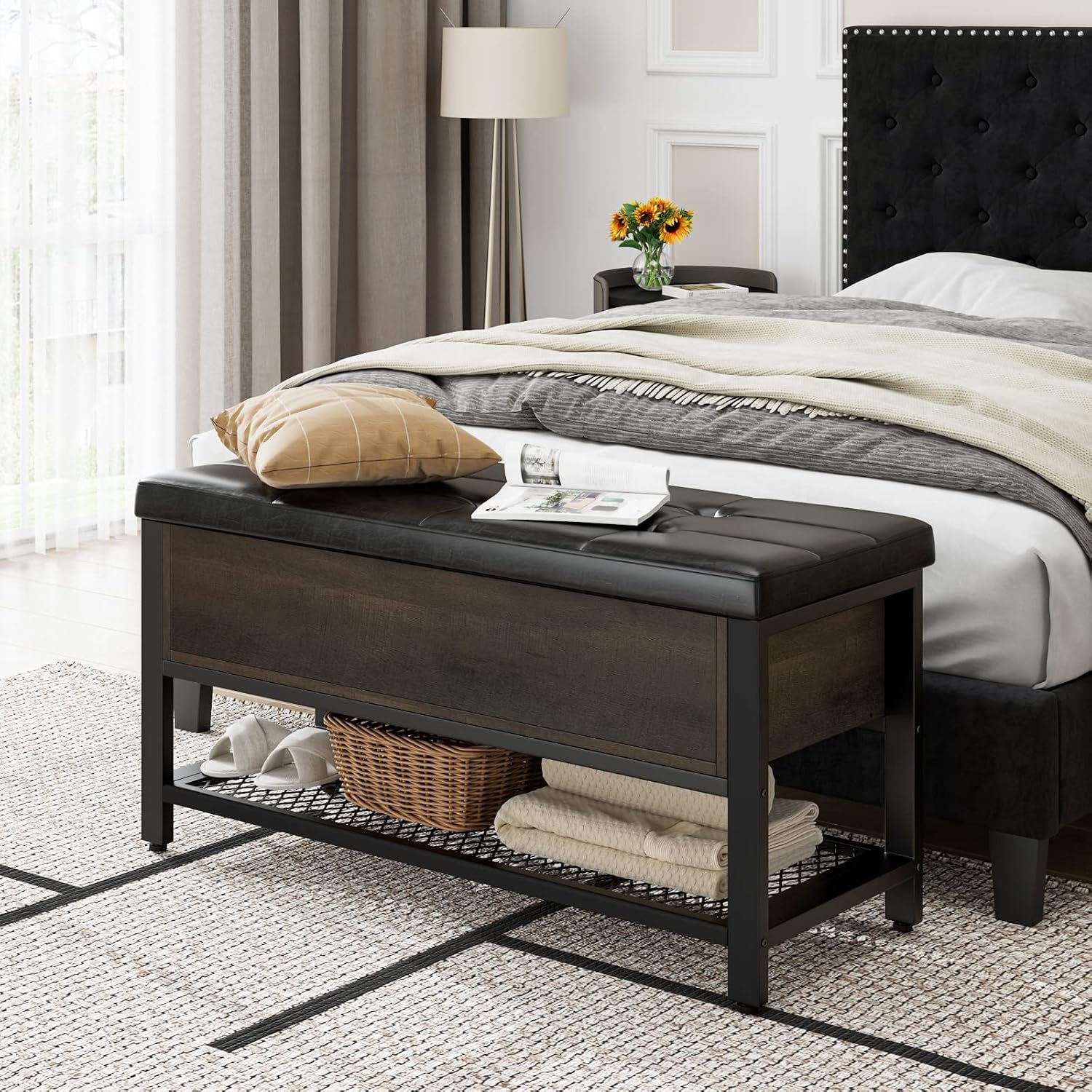 Dark Brown Flip Top Cushioned Shoe Bench