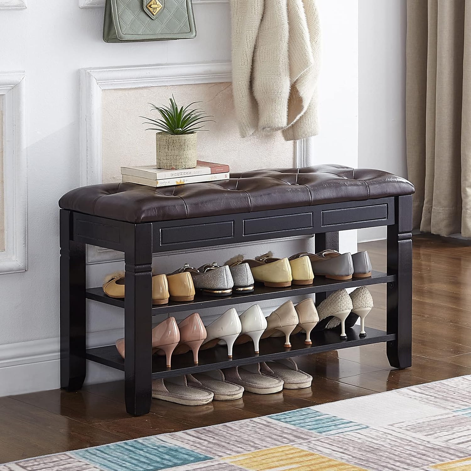 Cushioned Wooden Entryway Shoe Storage Bench