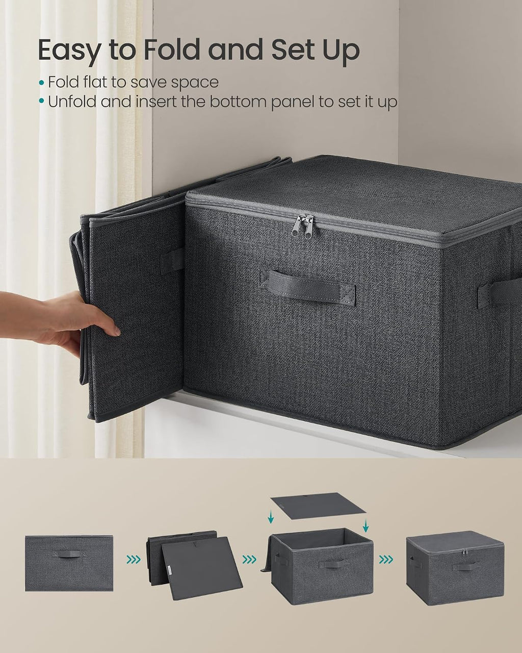 Slate Gray Zipper Fabric Foldable Storage Bins