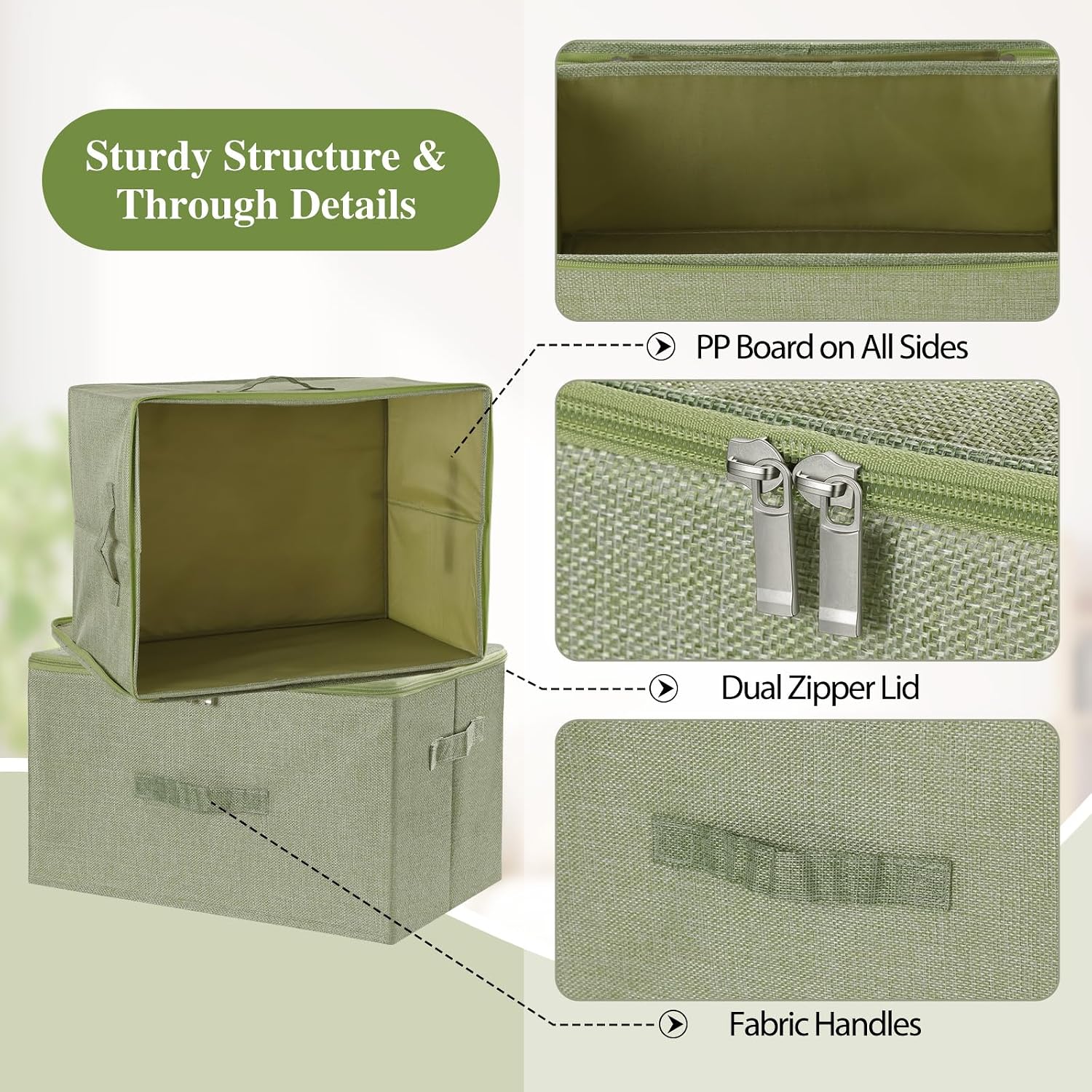 Green Linen Framed Zipper Fabric Storage Bins