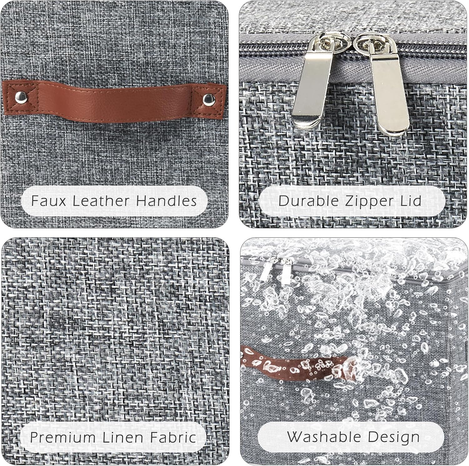 Gray Linen Leather Handled Storage Bins
