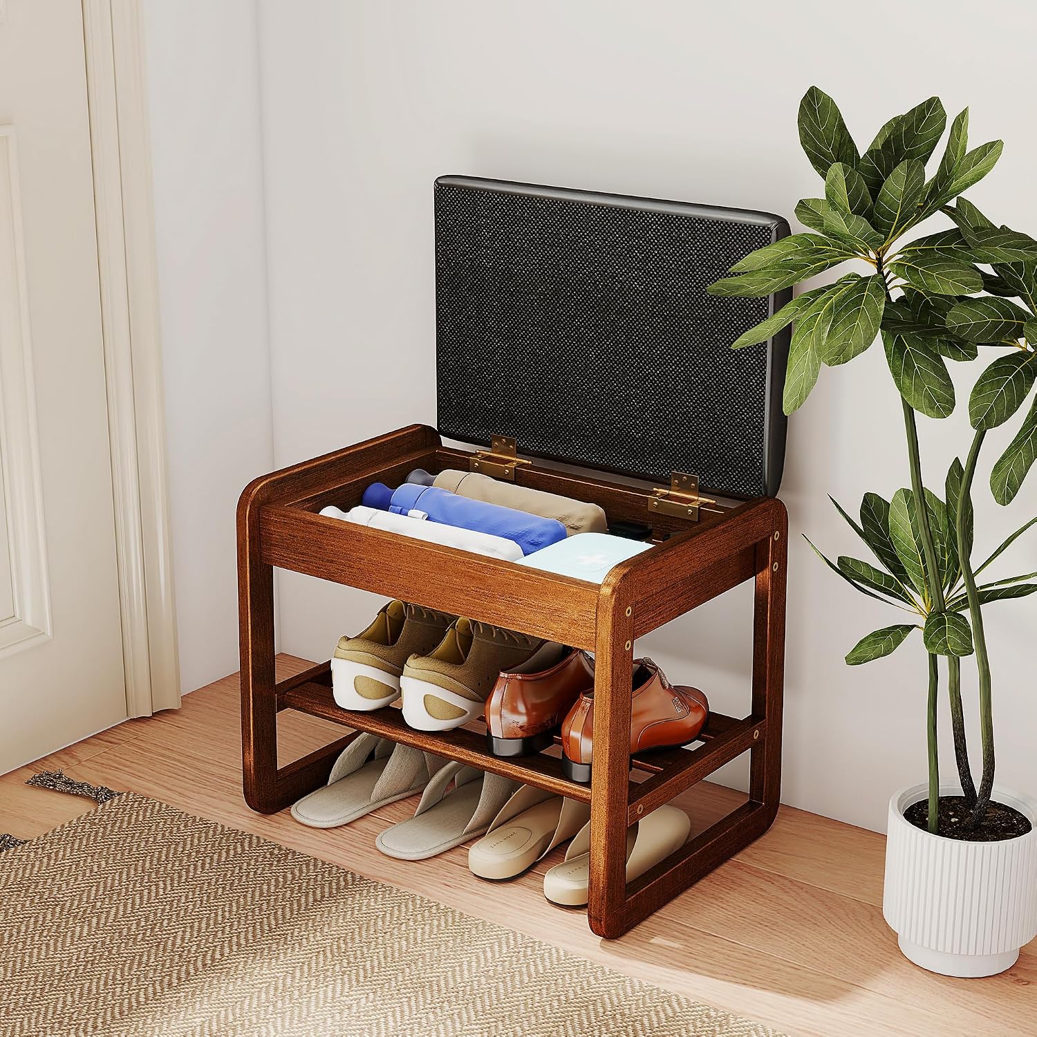 Rubberwood Cushioned Flip Top Shoe Bench