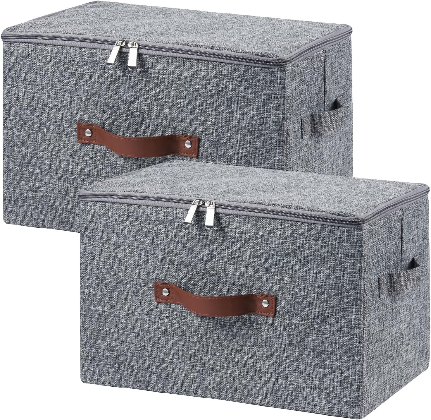 Gray Linen Leather Handled Storage Bins