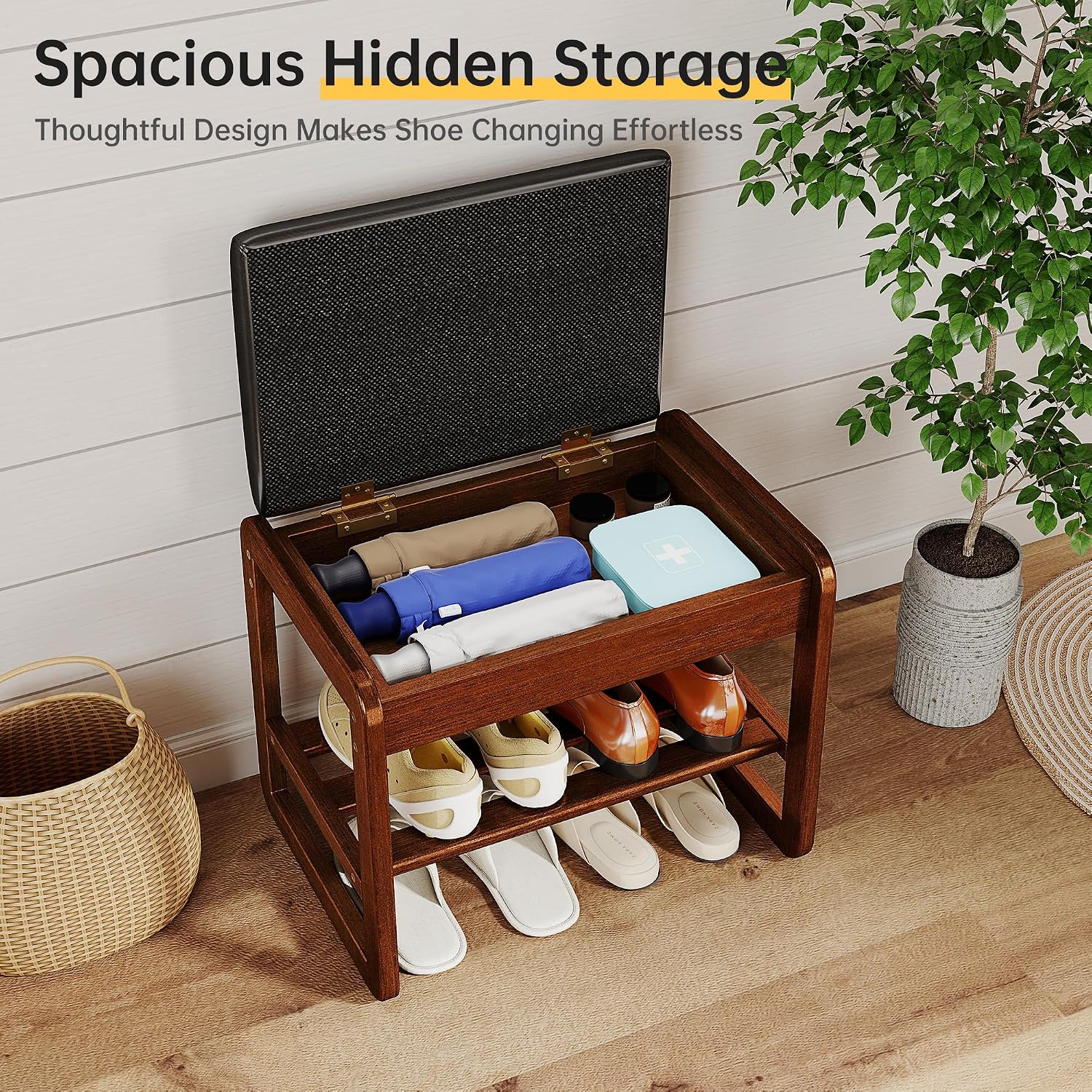 Rubberwood Cushioned Flip Top Shoe Bench